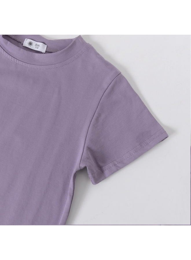 ACESTAR Toddler Baby Girls Summer Clothes Set - Cotton Solid Plain Short Sleeve T-Shirt Tops + Shorts Cute Outfits Set (Purple,100/2T-3T) - Image 4