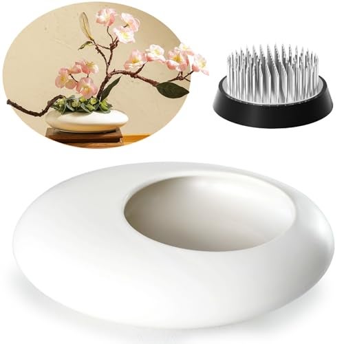 Eggone Japanese Inspired Ceramic Vase Ikebana kit, Pebble Shaped Flower Arrangement Bowl with 2inch Flower Frog Pin Frog Flower Stems Holder (White) - Image 1