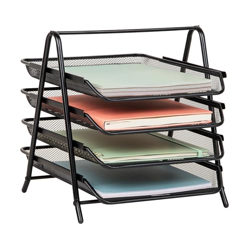 Mind Reader 4-Tier Paper Tray, Desktop Organizer, File Storage, Workspace, Office, Metal Mesh, 12"L x 13.75"W x 12.5"H, Black - Image 1