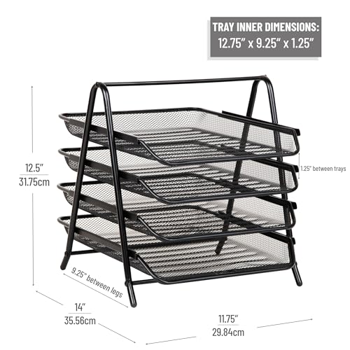 Mind Reader 4-Tier Paper Tray, Desktop Organizer, File Storage, Workspace, Office, Metal Mesh, 12"L x 13.75"W x 12.5"H, Black - Image 3