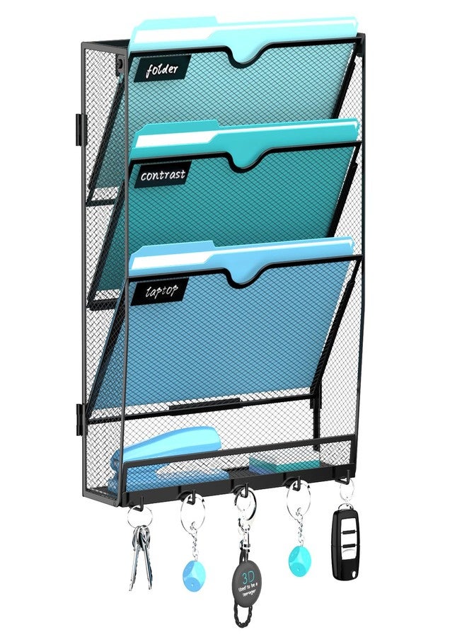 JMHUD Wall File Organizer - Hanging File Organizer with 5 Hooks, Mail Holder Wall Mounted for Papers, Folders, Magazines, Bills, 4 Tier Office&School Organization, Black - Image 1