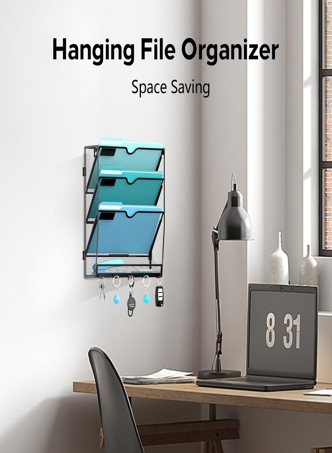 JMHUD Wall File Organizer - Hanging File Organizer with 5 Hooks, Mail Holder Wall Mounted for Papers, Folders, Magazines, Bills, 4 Tier Office&School Organization, Black - Image 5