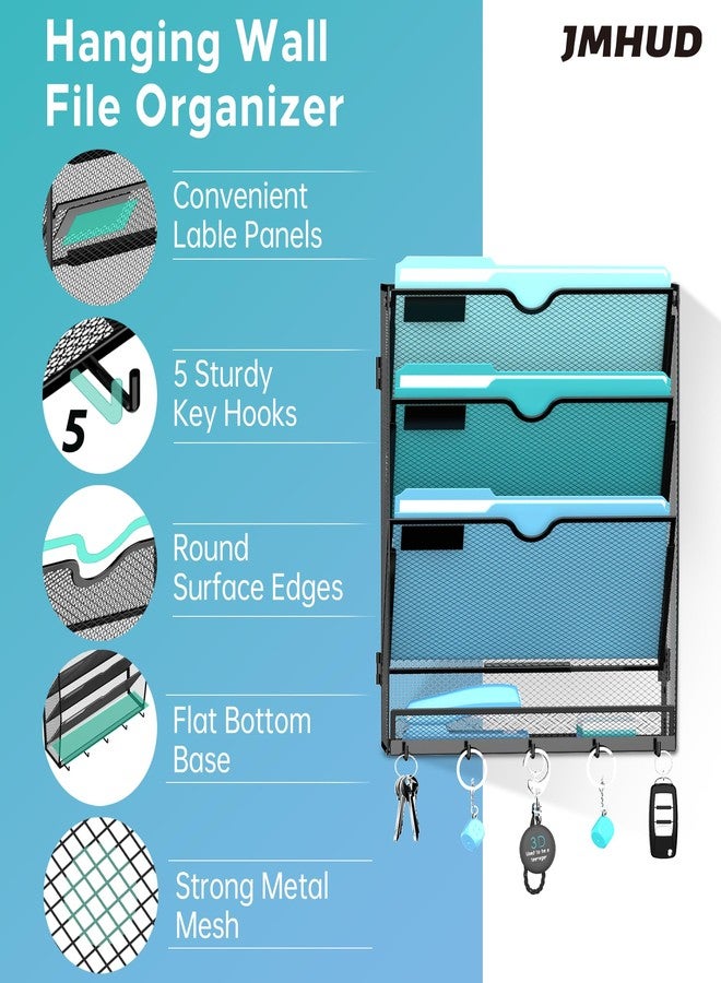 JMHUD Wall File Organizer - Hanging File Organizer with 5 Hooks, Mail Holder Wall Mounted for Papers, Folders, Magazines, Bills, 4 Tier Office&School Organization, Black - Image 2