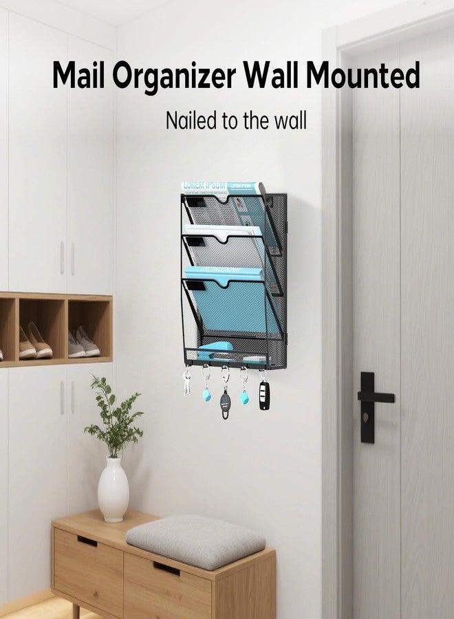 JMHUD Wall File Organizer - Hanging File Organizer with 5 Hooks, Mail Holder Wall Mounted for Papers, Folders, Magazines, Bills, 4 Tier Office&School Organization, Black - Image 4