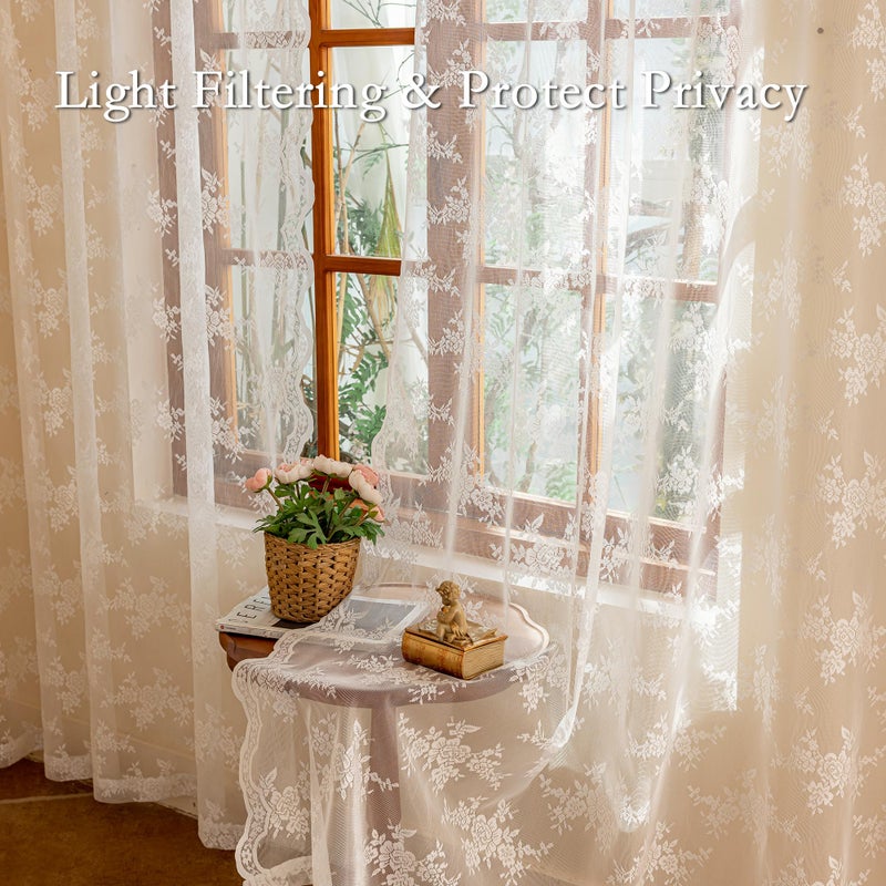 MEETSKY White Lace Curtains 84 Inches Long, Victorian Floral Pattern White Sheer Curtains for Living Room Bedroom Vintage Light Filtering Lace Drapes 2 Panels, Each Panel 50W x 84L - Image 4
