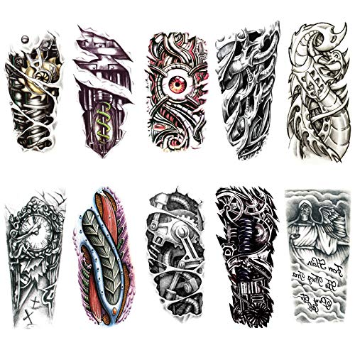 Ooopsiun 10 Sheets Large Temporary Tattoos For Men Adults, Punk Mechanical Waterproof Arm Fake Tattoos For Men - Image 1