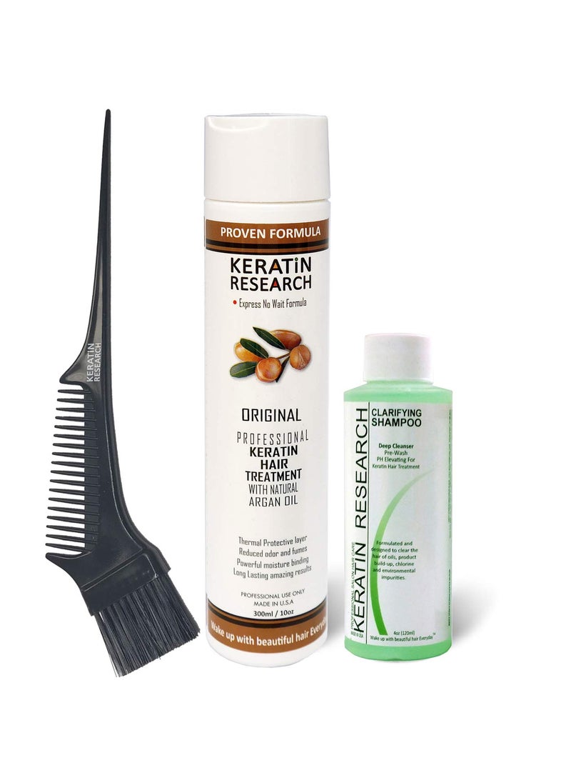 KERATIN RESEARCH Brazilian Keratin Hair Blowout Treatment Express Formula 300ml Bottle Includes 120ml Clarifying Shampoo and BrushComb 