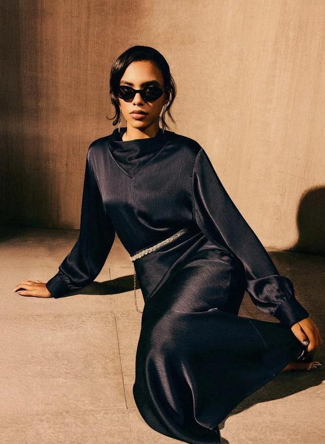 ايكونيك Iconic Satin Cowl Neck Top with Long Sleeves