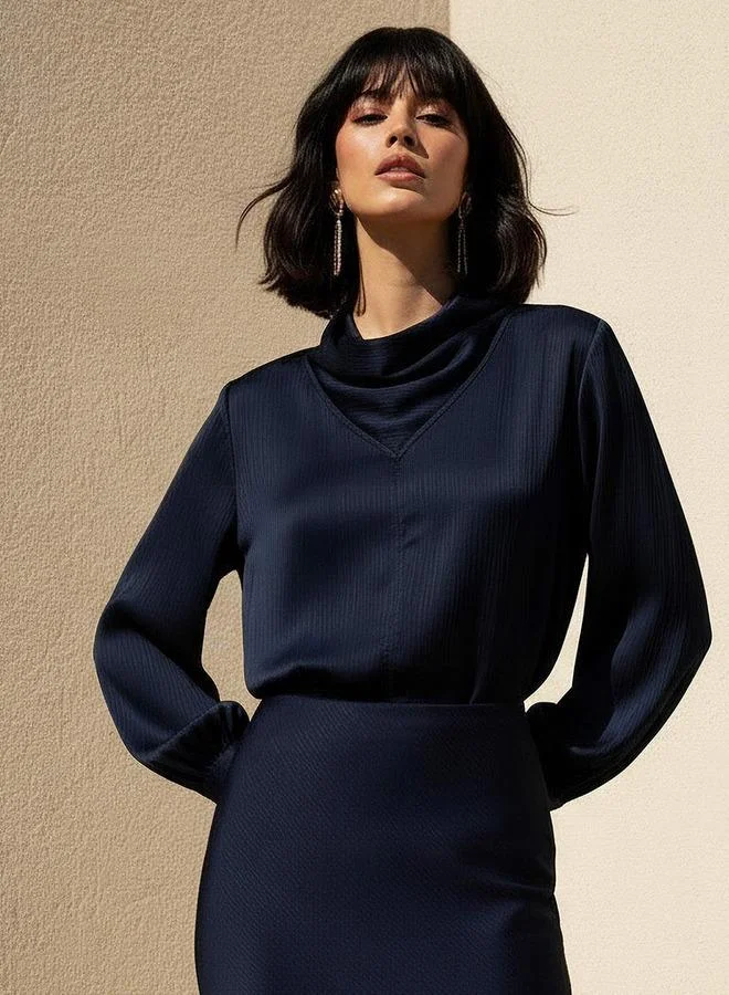 ايكونيك Iconic Satin Cowl Neck Top with Long Sleeves