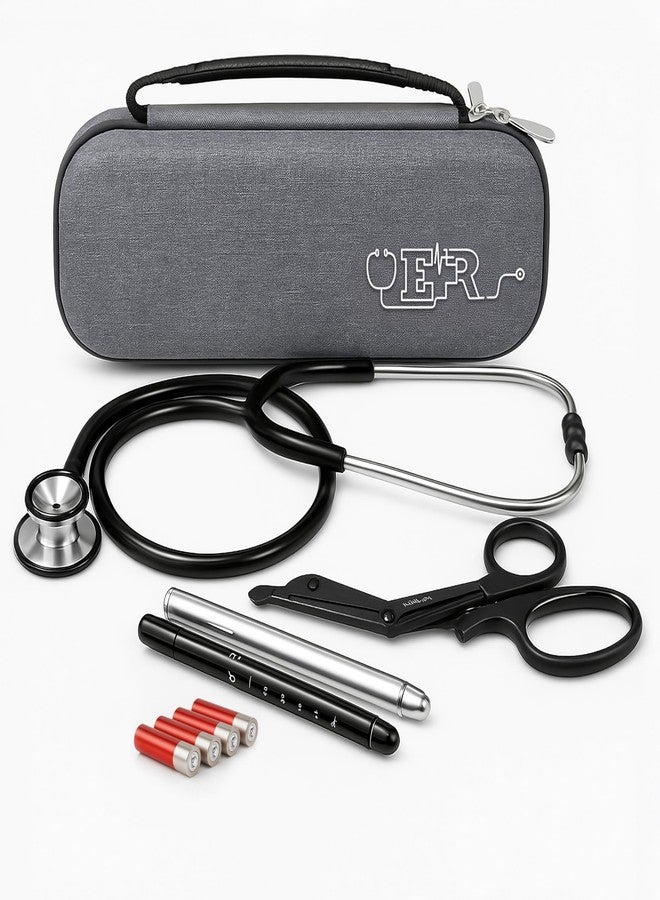 Ever Ready First Aid Stethoscope Case, Grey, with Rubber Grip Handle, Includes a Dual Head Stethescope, Titanium Shears,and 2 Penlights Black & Silver - Image 1