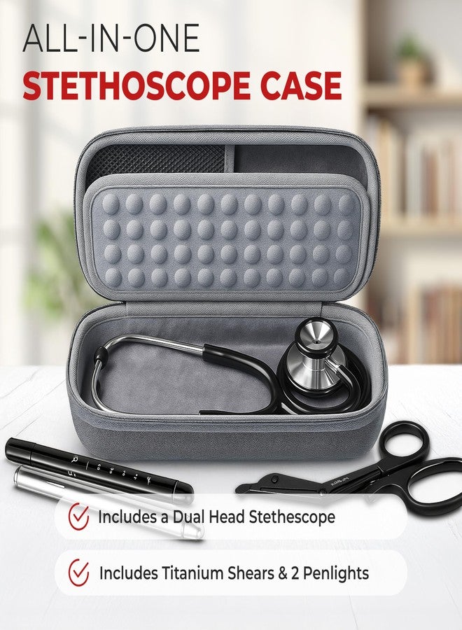 Ever Ready First Aid Stethoscope Case, Grey, with Rubber Grip Handle, Includes a Dual Head Stethescope, Titanium Shears,and 2 Penlights Black & Silver - Image 2