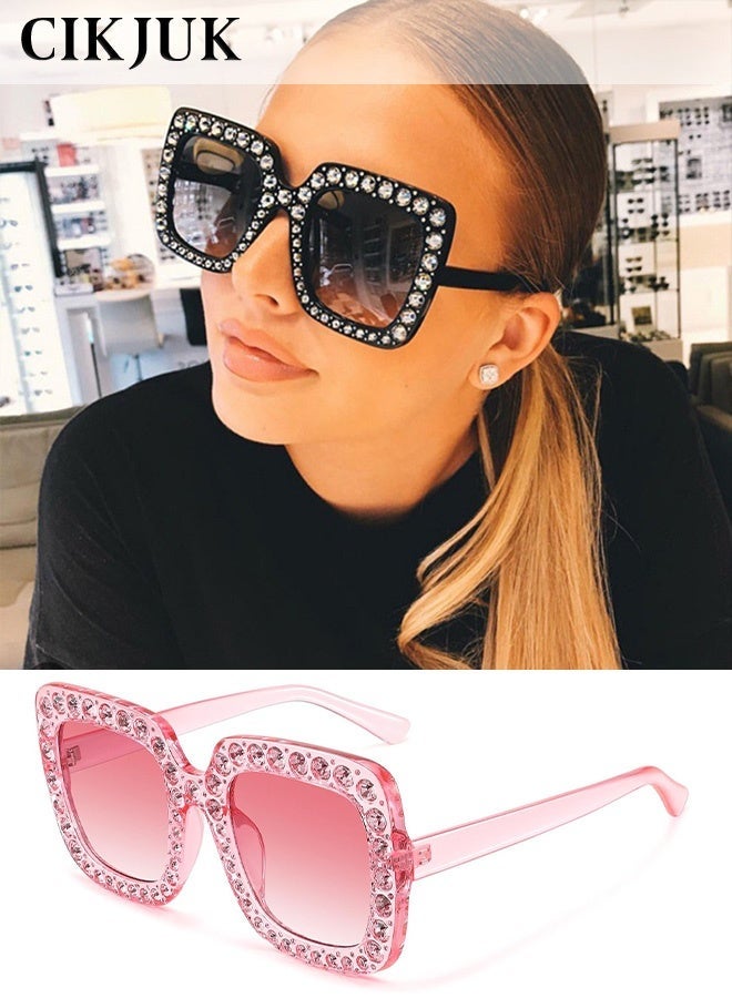 سِيكجُوك نظارات شمسية مرصعة بالكريستال للرجال والنساء نسائية ورجالية نسائيه رجاليه كبيرة الحجم مربعة الشكل لامعة مع حماية من الأشعة فوق البنفسجية هذه النظارات الشمسية تتميز بتصميم نظارة شمسيه نظاره وتشمل نضارات نساءيه رجالي نضرات رجال وردي - Image 1