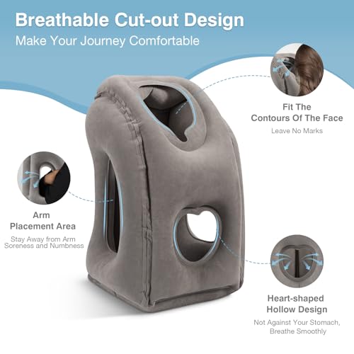 MoKo Inflatable Travel Pillow, Comfortable Neck Pillow with Storage Bag Support Shoulder and Neck to Avoid Pain for Airplane Train Office Car Travel Home, Gray - Image 3