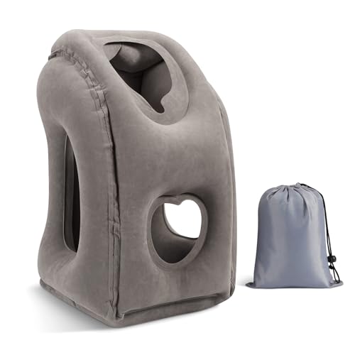 MoKo Inflatable Travel Pillow, Comfortable Neck Pillow with Storage Bag Support Shoulder and Neck to Avoid Pain for Airplane Train Office Car Travel Home, Gray - Image 1