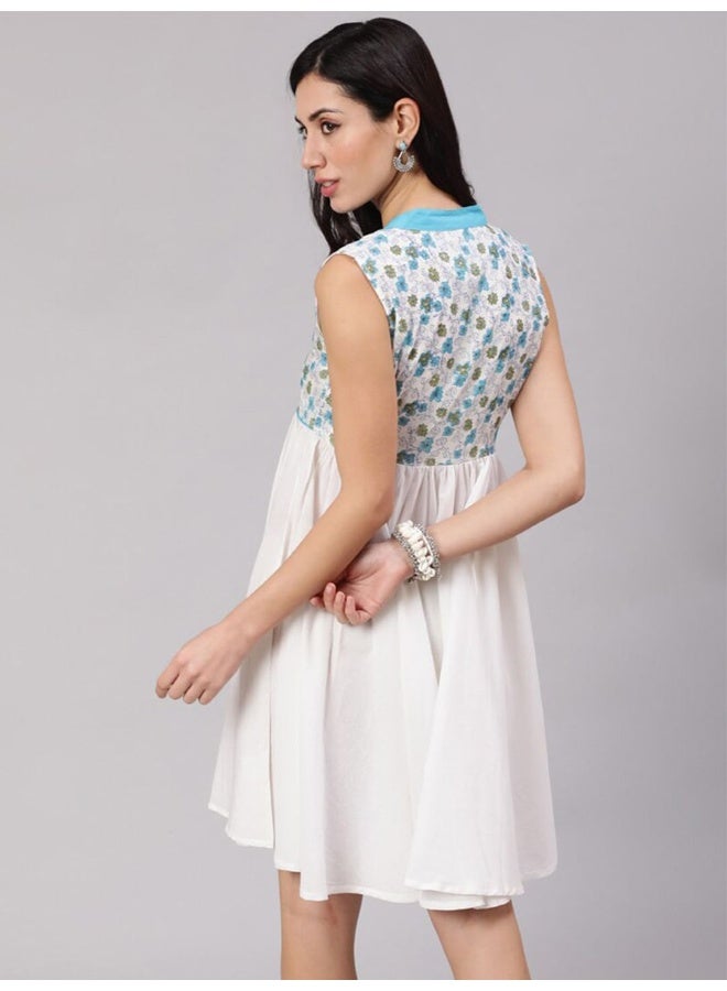 AKS White & Blue Hand Block Print Short Dress  - Image 4