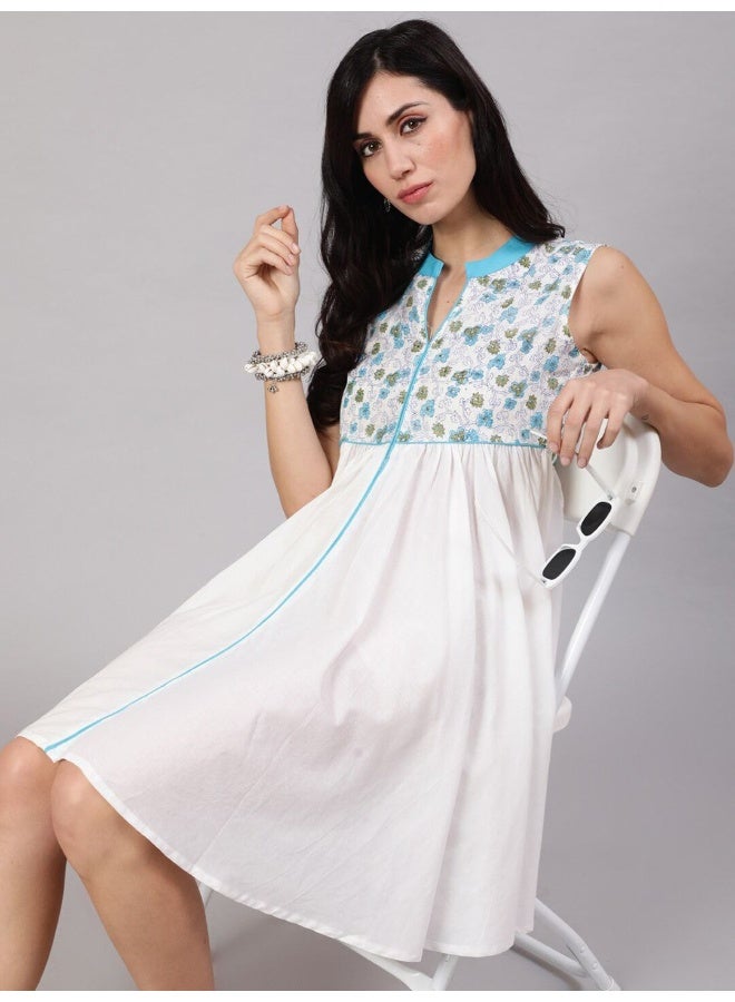 AKS White & Blue Hand Block Print Short Dress  - Image 1