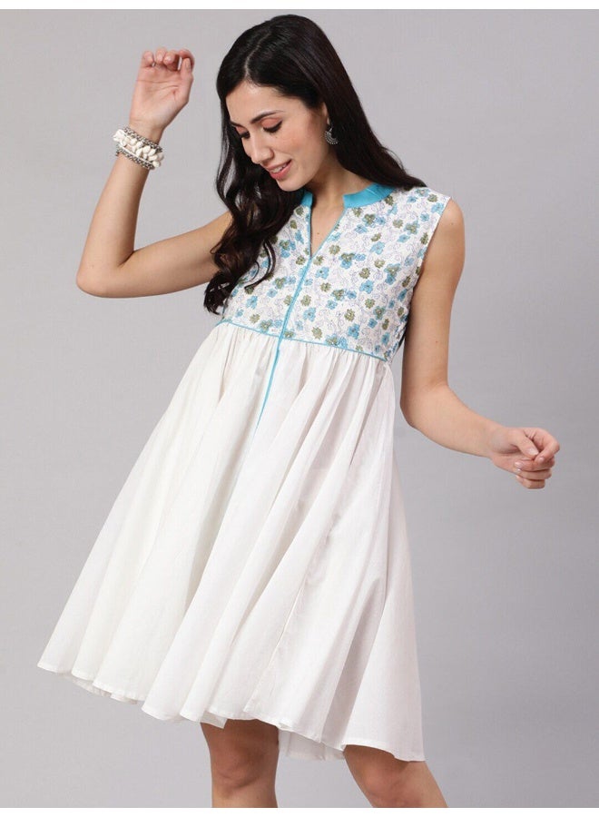 AKS White & Blue Hand Block Print Short Dress  - Image 3
