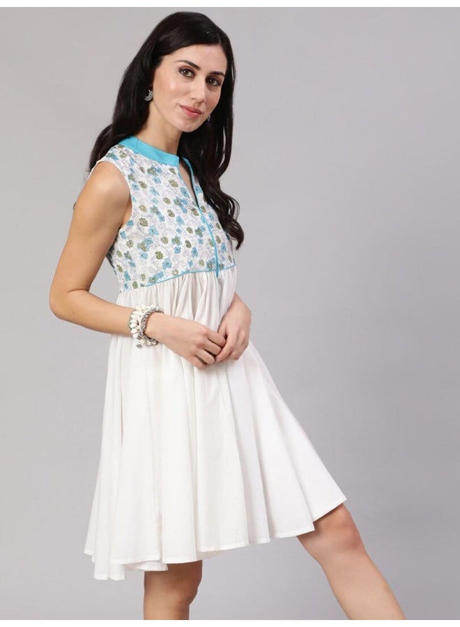 AKS White & Blue Hand Block Print Short Dress  - Image 5