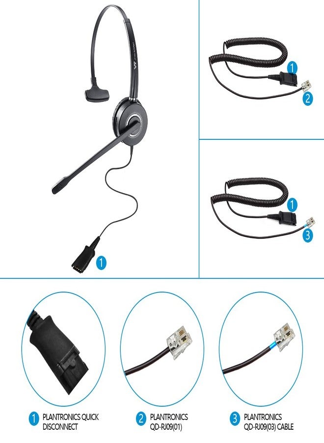 VT Telephone-Headset Microphone Noise-Cancelling Headphone QD - Quick Disconnect Call Center Headset with RJ09 Cables Compatible with Polycom,Yealink,Grandstream,Snom,Fanvil,Mitel Phones (Mono) - Image 2