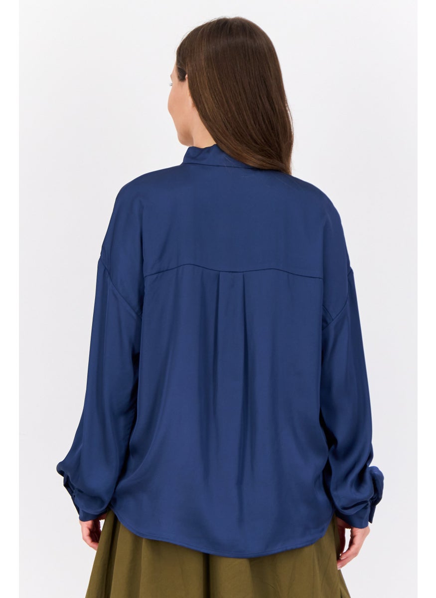 ESPRIT Women Mandarin Collar Long Sleeve Solid Satin Shirts, Navy Blue  - Image 2