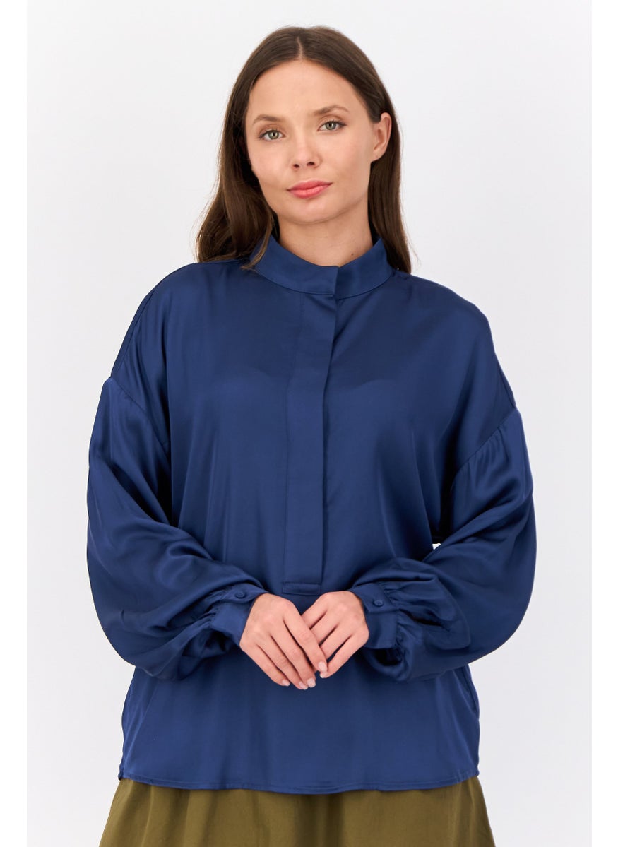 ESPRIT Women Mandarin Collar Long Sleeve Solid Satin Shirts, Navy Blue  - Image 1