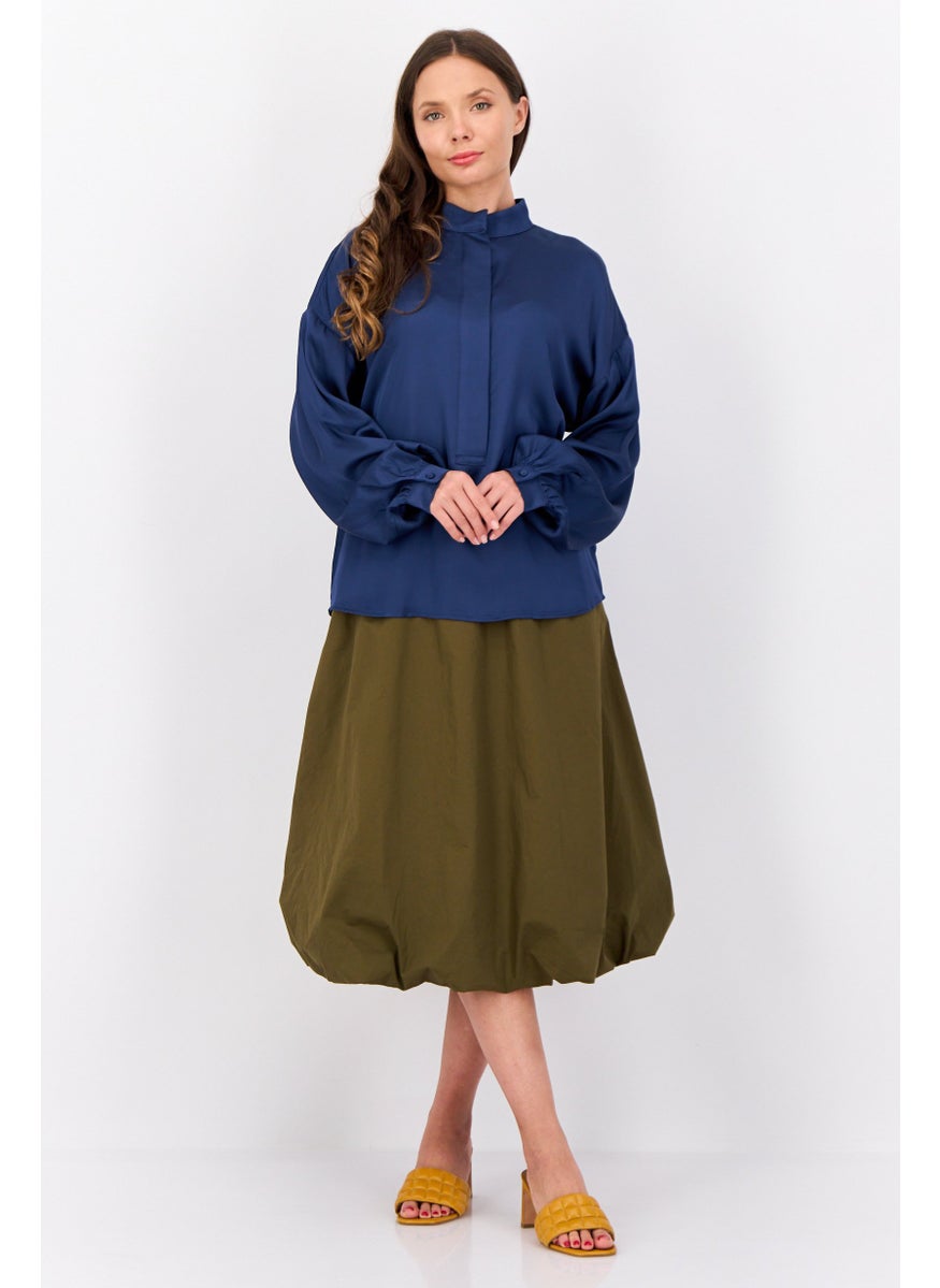ESPRIT Women Mandarin Collar Long Sleeve Solid Satin Shirts, Navy Blue  - Image 4