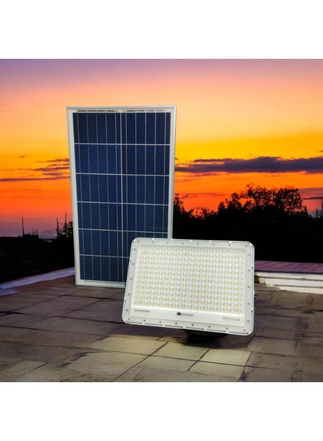 Qenos 400W Solar Powered Outdoor LED Flood Light with Solar Panel and Remote Control - White 6500K - Image 2