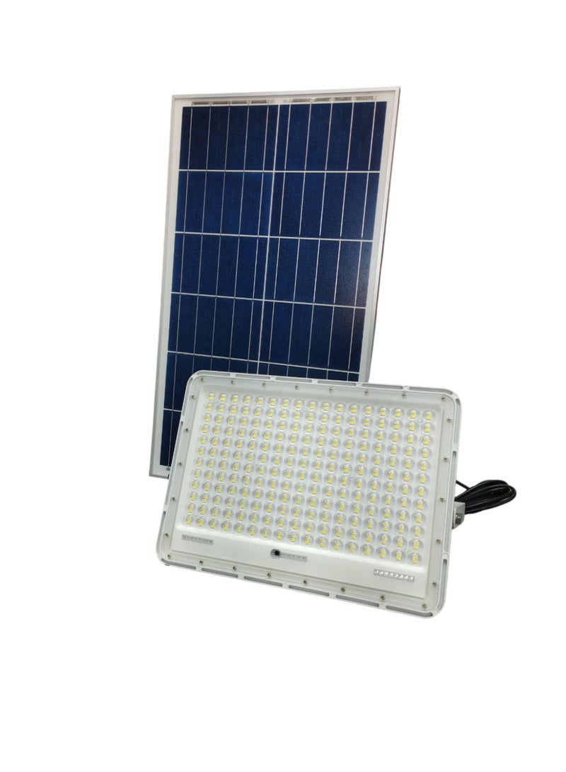 Qenos 400W Solar Powered Outdoor LED Flood Light with Solar Panel and Remote Control - White 6500K - Image 1
