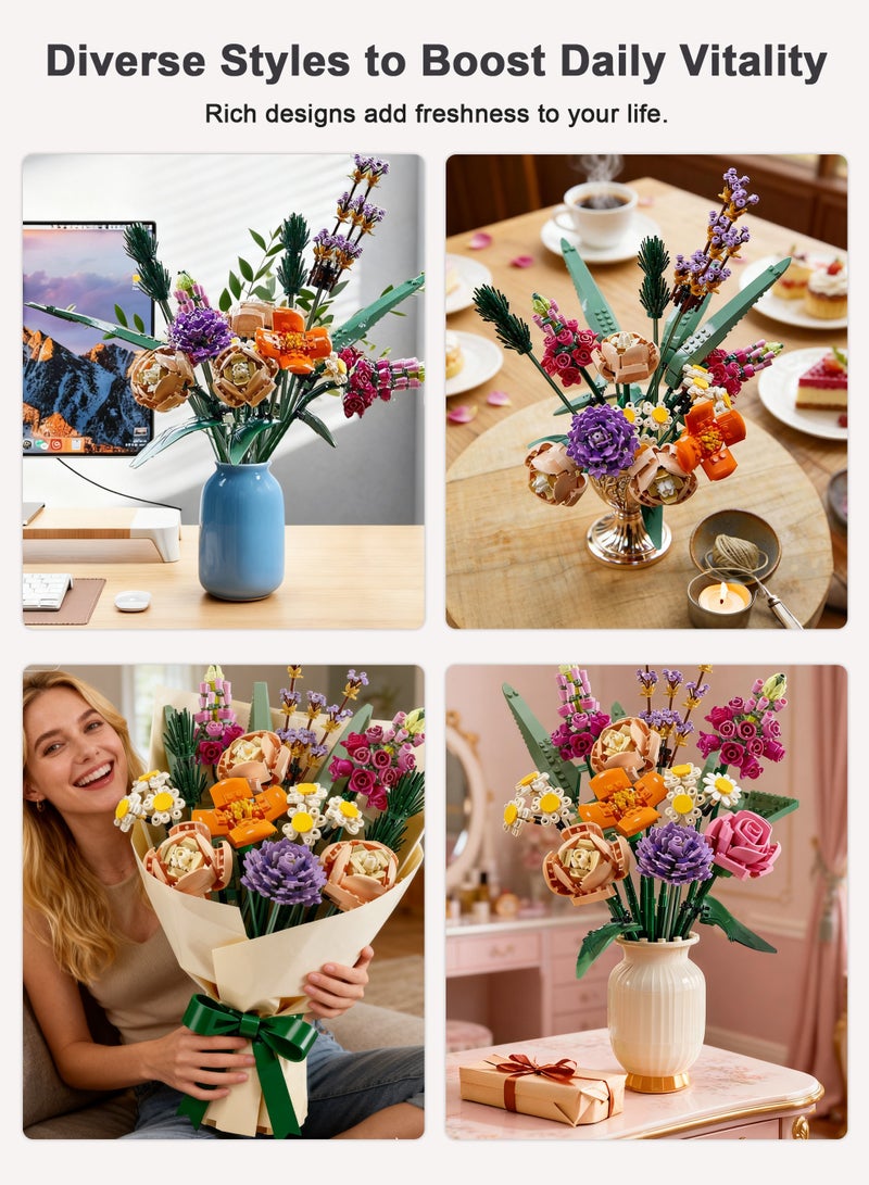Xkimos Flower Bouquet Building Blocks, 756 PCS Flower Bouquet Building Kit, Flower Building Blocks, Home Plant Decor, Creative Project for Adults Botanical - Image 5