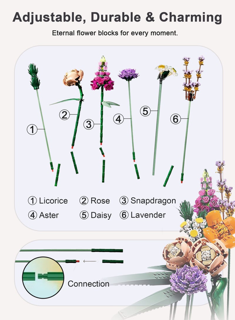 Xkimos Flower Bouquet Building Blocks, 756 PCS Flower Bouquet Building Kit, Flower Building Blocks, Home Plant Decor, Creative Project for Adults Botanical - Image 3