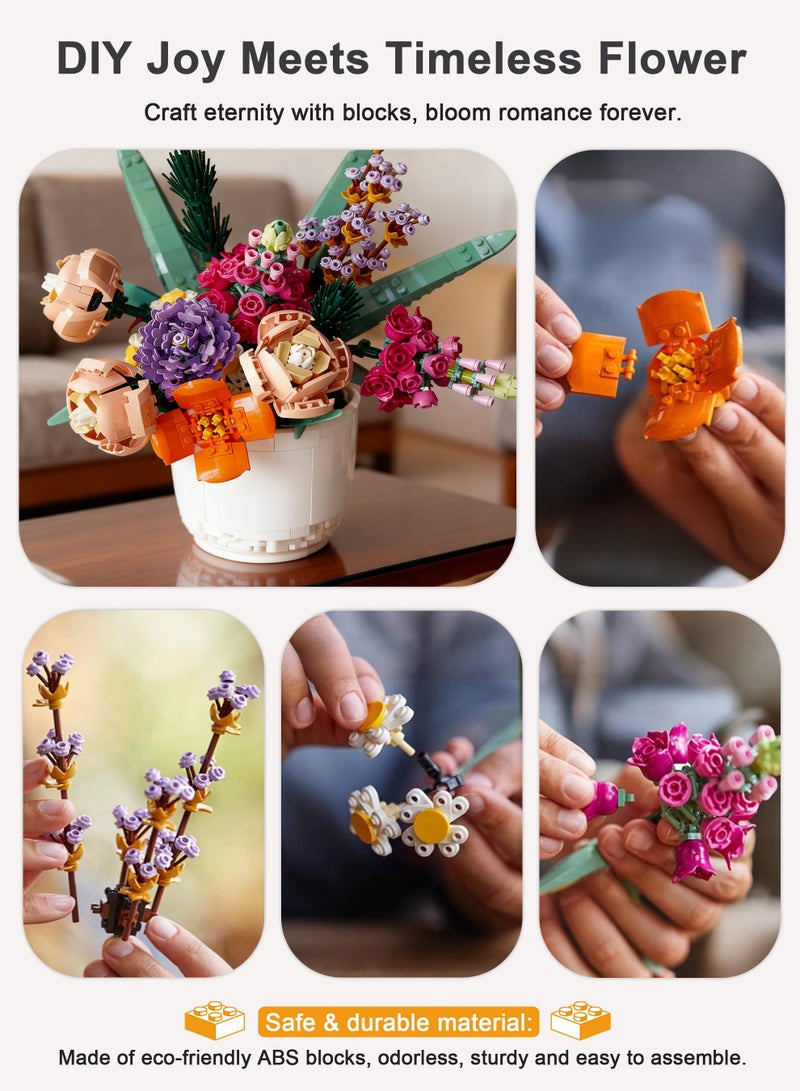 Xkimos Flower Bouquet Building Blocks, 756 PCS Flower Bouquet Building Kit, Flower Building Blocks, Home Plant Decor, Creative Project for Adults Botanical - Image 2