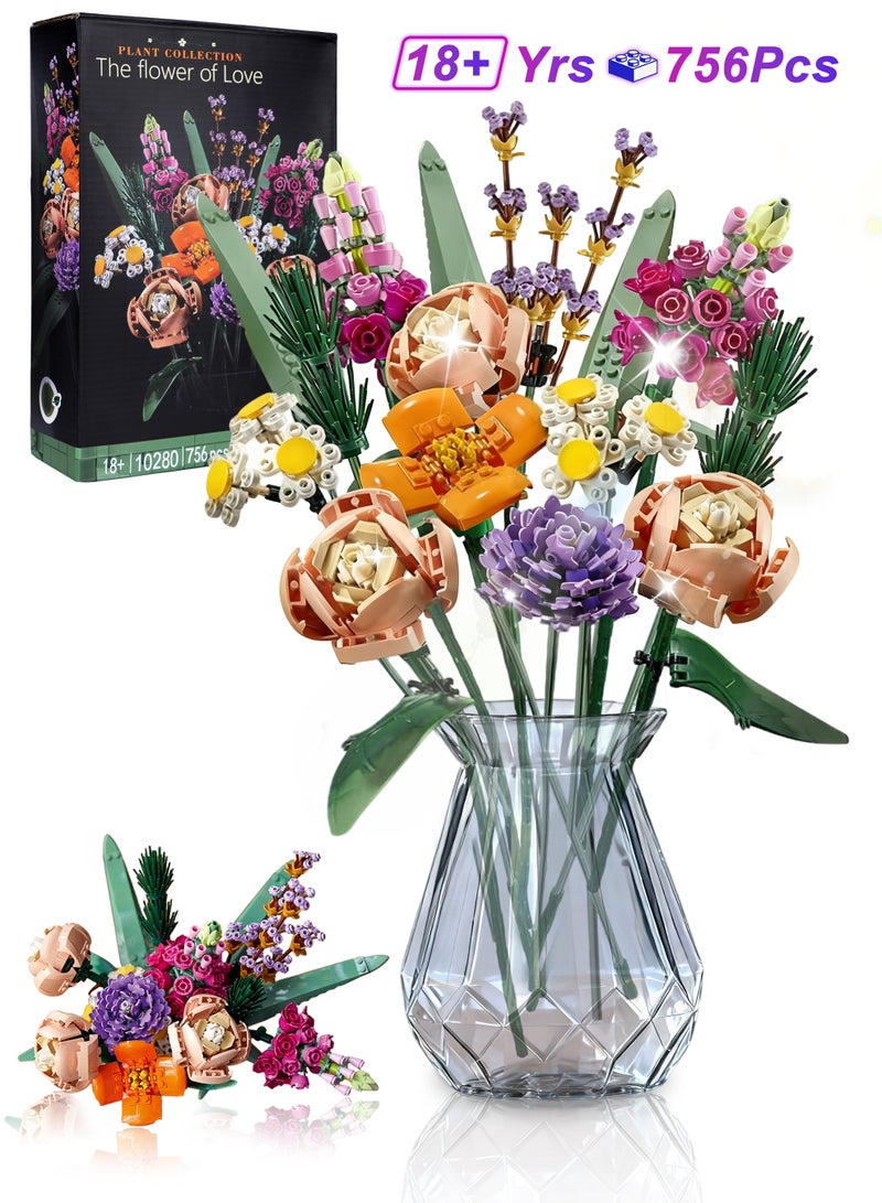 Xkimos Flower Bouquet Building Blocks, 756 PCS Flower Bouquet Building Kit, Flower Building Blocks, Home Plant Decor, Creative Project for Adults Botanical - Image 1