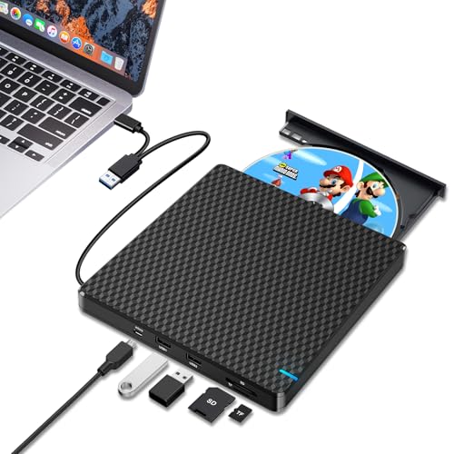 Guamar External CD DVD Drive: USB-C CD Burner Portable DVD Player Disc Reader for Laptop PC MacBook Mac Windows 11/10 with SD/TF Slot/2 USB Ports Plug & Play (Black) - Image 1
