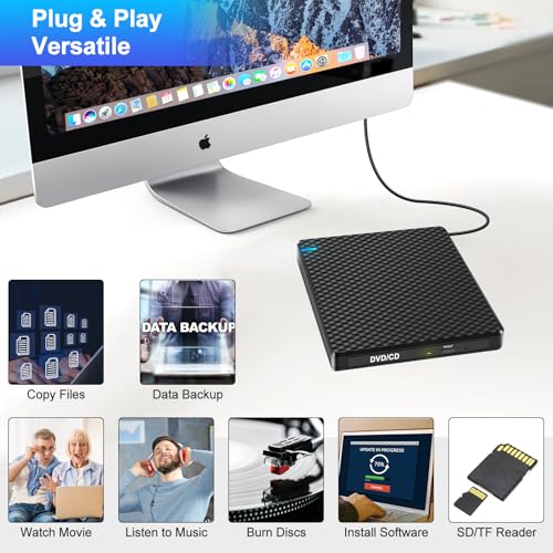 Guamar External CD DVD Drive: USB-C CD Burner Portable DVD Player Disc Reader for Laptop PC MacBook Mac Windows 11/10 with SD/TF Slot/2 USB Ports Plug & Play (Black) - Image 3
