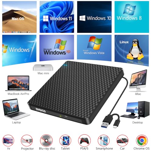 Guamar External CD DVD Drive: USB-C CD Burner Portable DVD Player Disc Reader for Laptop PC MacBook Mac Windows 11/10 with SD/TF Slot/2 USB Ports Plug & Play (Black) - Image 5