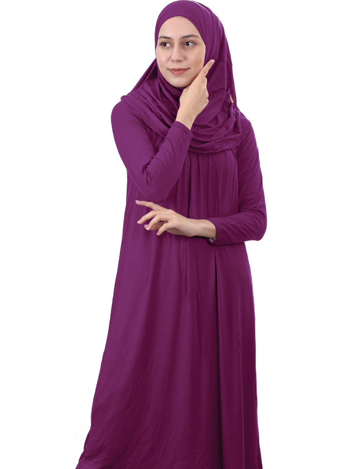 İhvan Online Waiter Boy 12-15 Years Old Plum One Piece Women's Prayer Dress with Headscarf  - Image 3