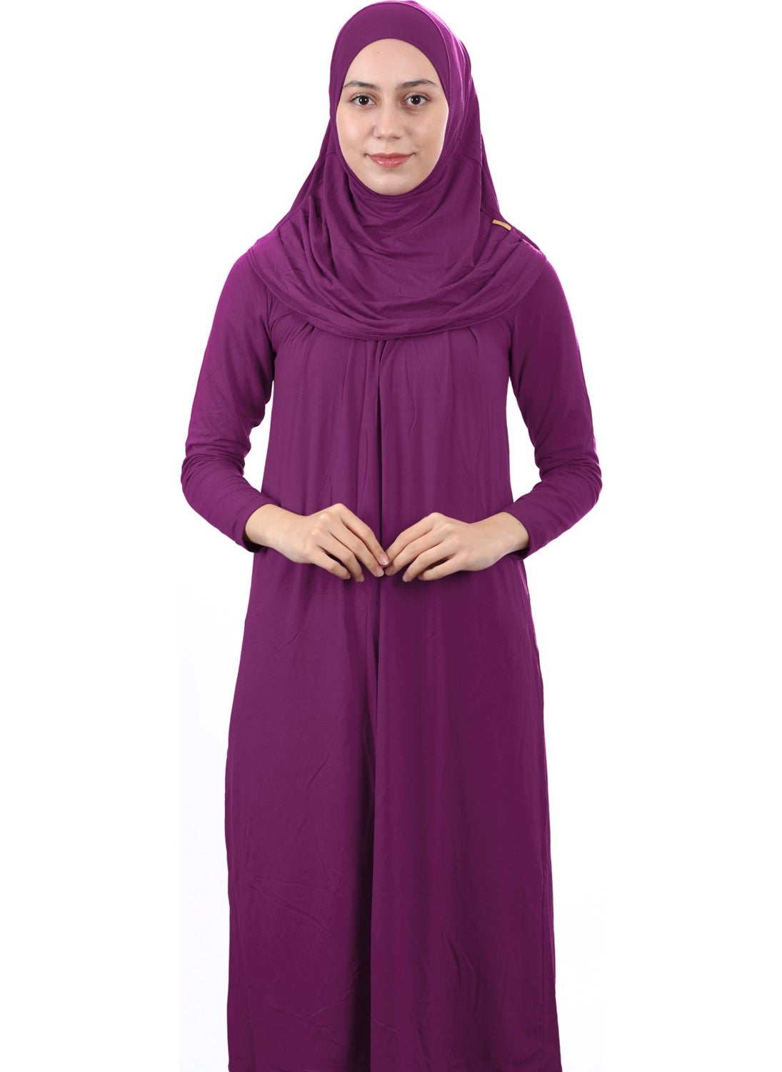 İhvan Online Waiter Boy 12-15 Years Old Plum One Piece Women's Prayer Dress with Headscarf  - Image 1
