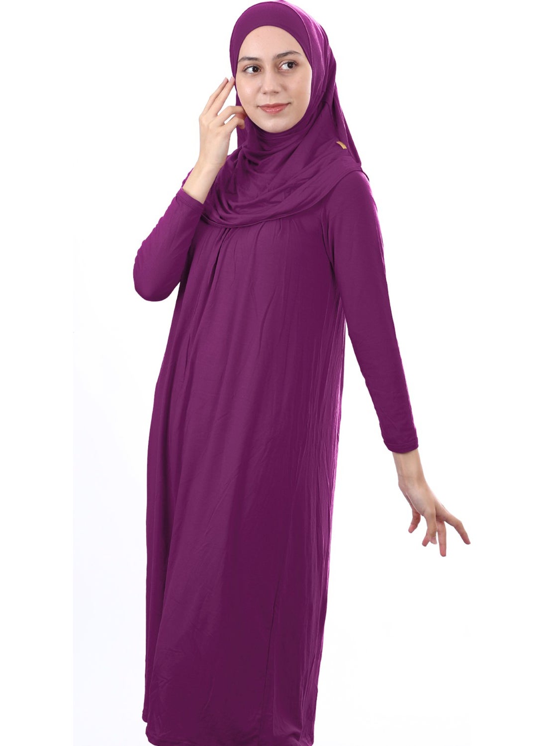 İhvan Online Waiter Boy 12-15 Years Old Plum One Piece Women's Prayer Dress with Headscarf  - Image 2