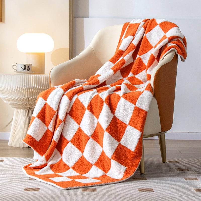 SeaRoomy Throw Blanket Checkerboard Fuzzy Blanket Reversible Plush Plaid Throw Blankets (60?9in) Warm Cozy Fluffy Checkered Soft Blanket Decor for Bed Couch Valentine's Gift(Burnt Orange)