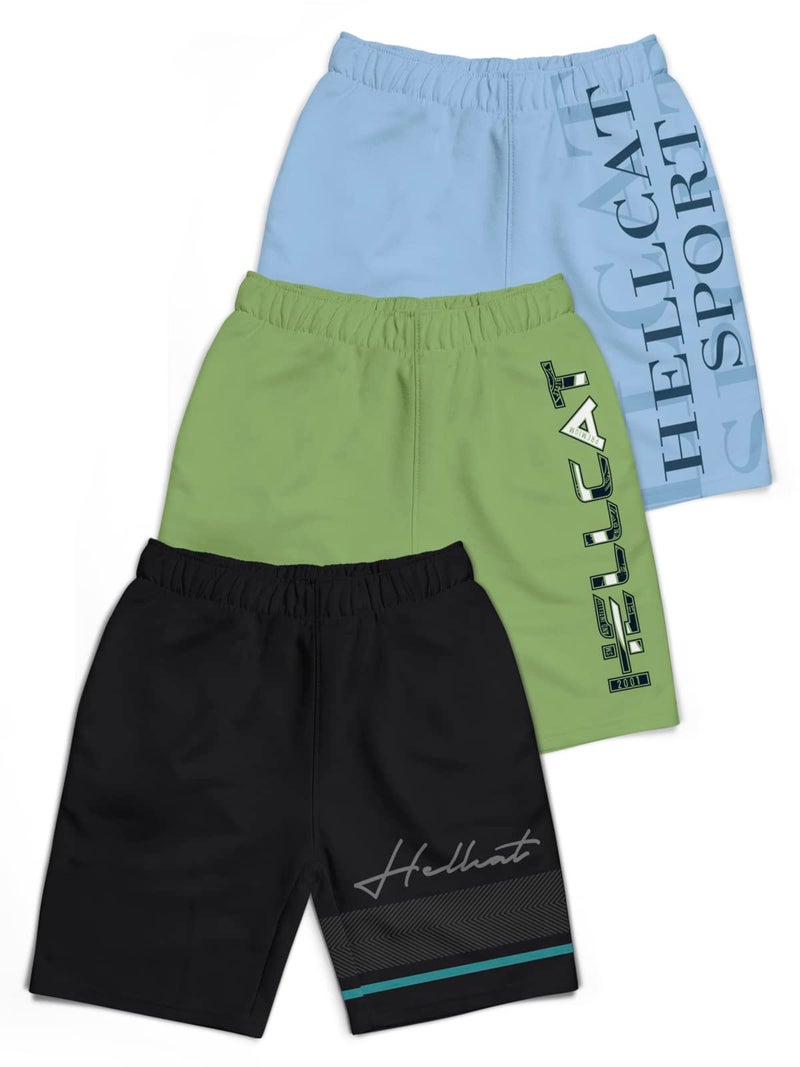 HELLCAT Pack of 3 Trendy Typographic Printed Mid Rise Shorts for Boys - Black/Jade Green/Sky Blue / 13-14 Years - Image 1