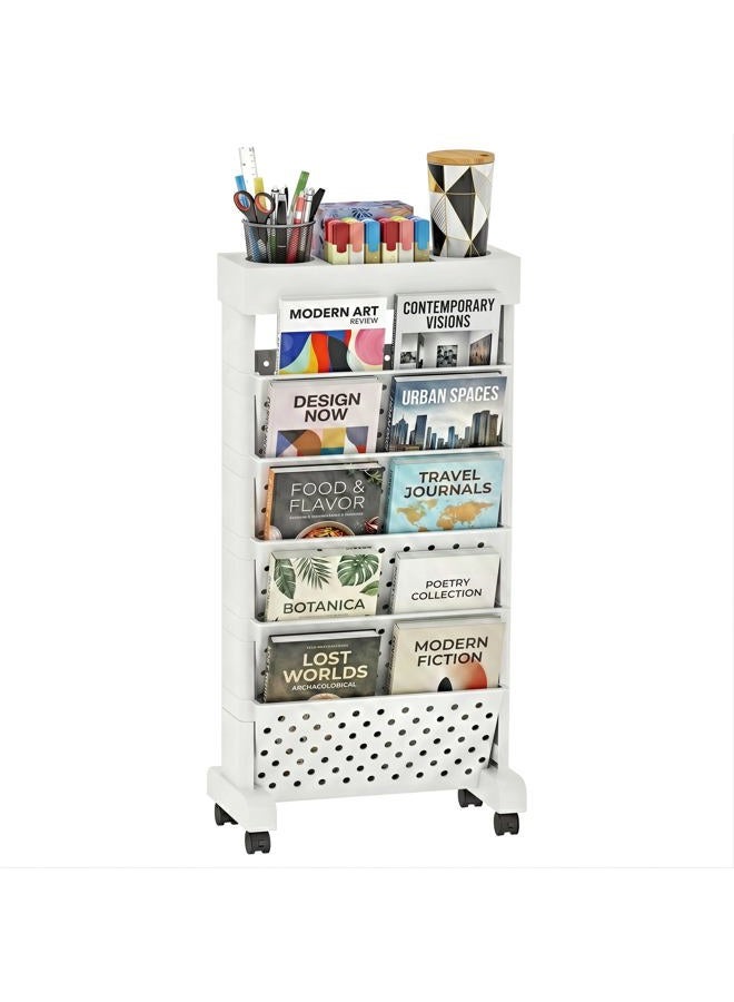 yeavs 6-Tier Mobile Bookshelf, Rolling Bookcase Book Storage Rack, Movable File Folder Organizer Cart with Wheels for Home Study Office Living Room Classroom, White - Image 1