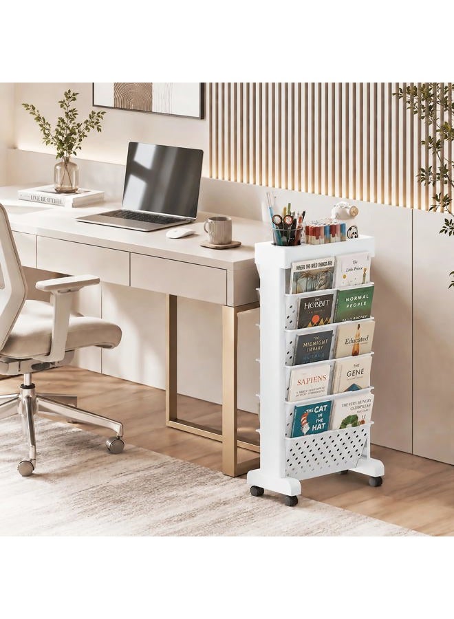 yeavs 6-Tier Mobile Bookshelf, Rolling Bookcase Book Storage Rack, Movable File Folder Organizer Cart with Wheels for Home Study Office Living Room Classroom, White - Image 2