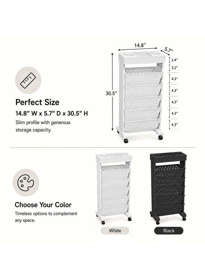 yeavs 6-Tier Mobile Bookshelf, Rolling Bookcase Book Storage Rack, Movable File Folder Organizer Cart with Wheels for Home Study Office Living Room Classroom, White - Image 3