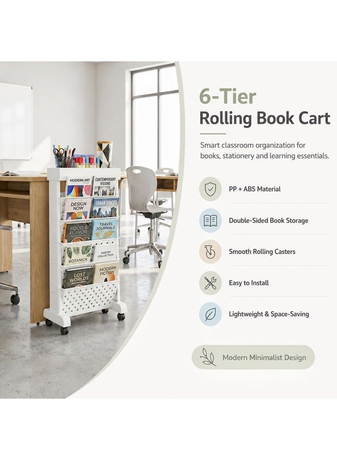 yeavs 6-Tier Mobile Bookshelf, Rolling Bookcase Book Storage Rack, Movable File Folder Organizer Cart with Wheels for Home Study Office Living Room Classroom, White - Image 4