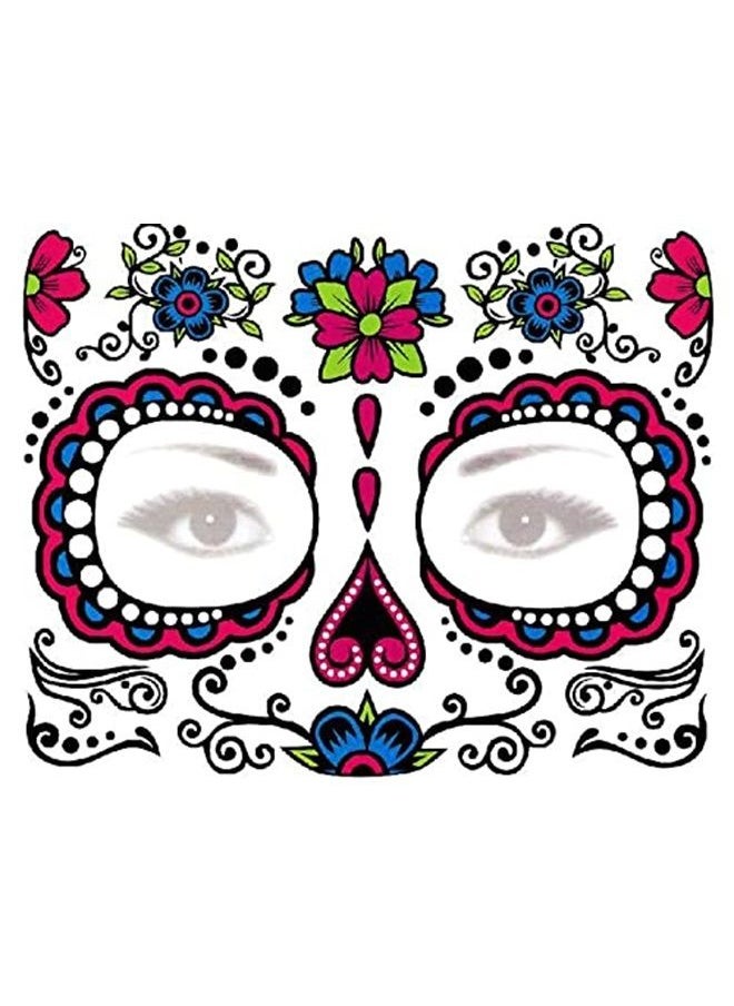Leoars - Day of Dead Face Tattoos, 6-Sheet Sugar Skull Tattoos Temporary Stickers and 3-Sheet Fake Floral Black Skeleton Web Full Face Mask Tattoo for Women Girls Kids Holloween Face Makeup - Image 1