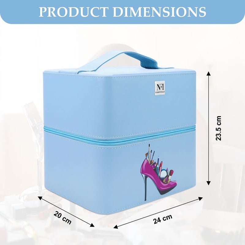 NFI essentials NFI essentials PU 3 Layer Large Makeup Box Cosmetic Storage Bag Vanity Case Trousseau Box Beauty Organizer Blue Blue - Image 4