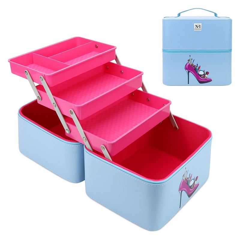 NFI essentials NFI essentials PU 3 Layer Large Makeup Box Cosmetic Storage Bag Vanity Case Trousseau Box Beauty Organizer Blue Blue - Image 1