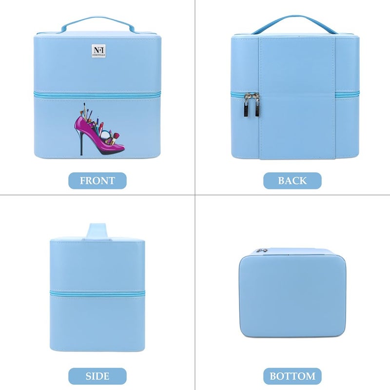 NFI essentials NFI essentials PU 3 Layer Large Makeup Box Cosmetic Storage Bag Vanity Case Trousseau Box Beauty Organizer Blue Blue - Image 2