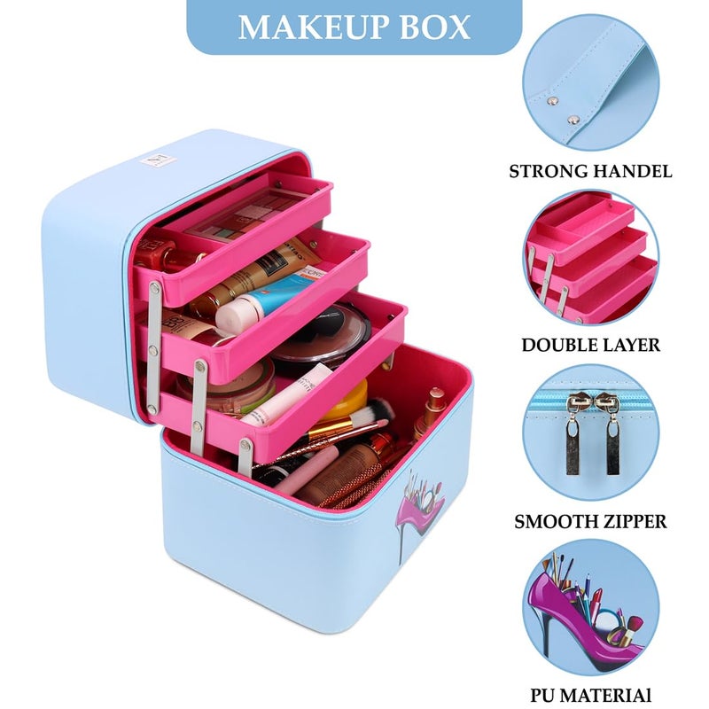 NFI essentials NFI essentials PU 3 Layer Large Makeup Box Cosmetic Storage Bag Vanity Case Trousseau Box Beauty Organizer Blue Blue - Image 3
