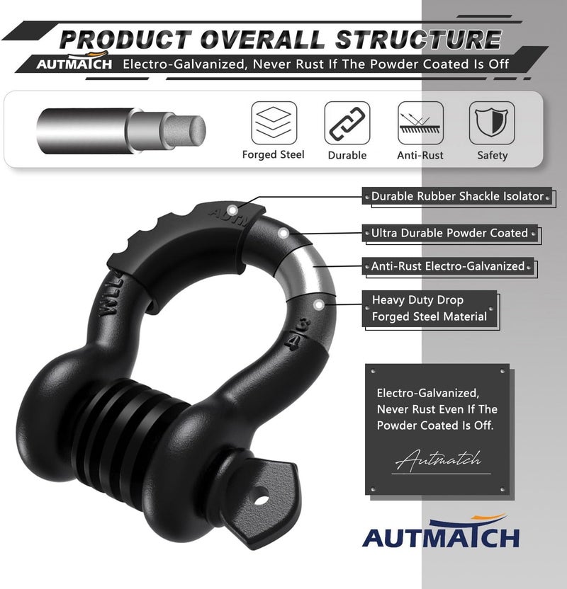 AUTMATCH D Ring Shackle 3/4" Shackles (2 Pack) 41,887Ibs Break Strength, Clevis Shackle with 7/8" Screw Pin and Shackle Isolator Washer Kit for Tow Strap Winch Off Road Vehicle Recovery, Frosted Black - Image 4